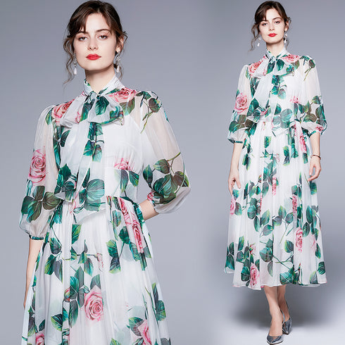 Runway Fashion Boho Chiffon Dress Bow-Neck, Lantern Sleeve, Floral Print Holiday, Cocktail, Party Women's Dress